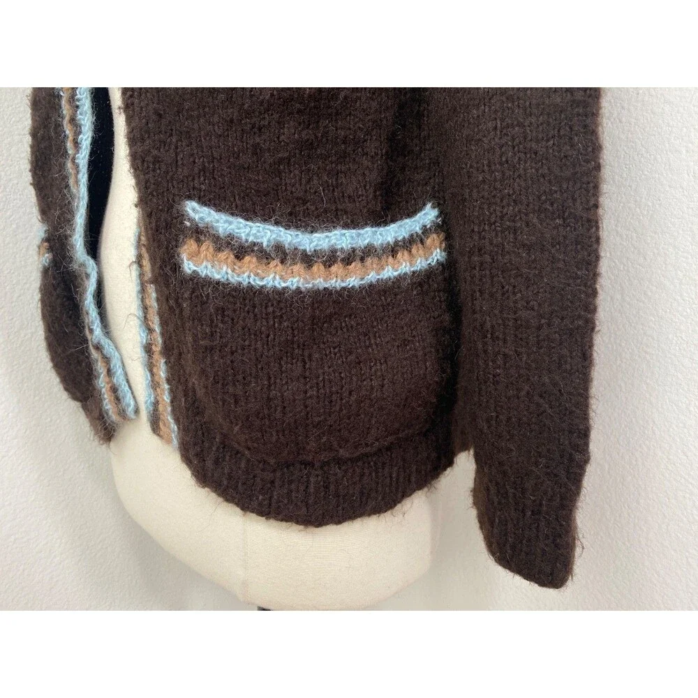Vintage Hand Knit Brown Wool Open Front Cardigan Mohair Blue Trim Pockets S/M